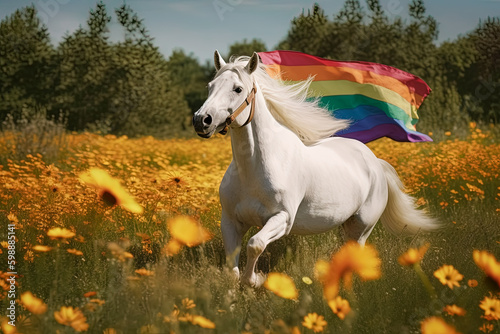 A disheveled unicorn with lgbt pride flag running through a flowered meadow. Generative AI