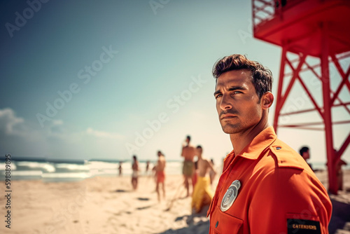 Lifeguard on the beach with the watchtower in the background on a summer day