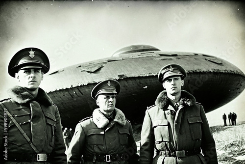 WWII soldiers standing next to a UFO. Generative AI illustration