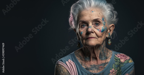 chic portrait of heartcore old tattooed lady in pastel colours on dark background,generative ai.