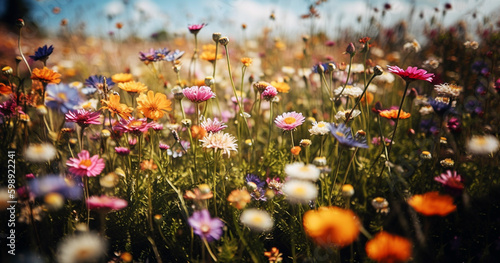 Colorful flower meadow with sunbeams and bokeh lights in summer - nature background banner with copy space - summer greeting card wildflowers spring concept