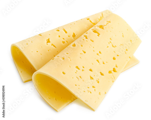 Two slices of folded Swiss cheese on white background