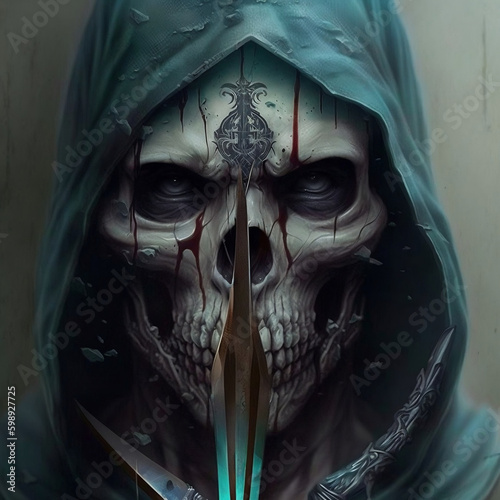 skull wearing hood with knife