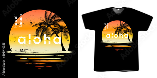 Tee Ocean Hawaii Sunset. T-shirt and apparel vector design, print, aloha typography, poster, emblem sea with palm trees, editable