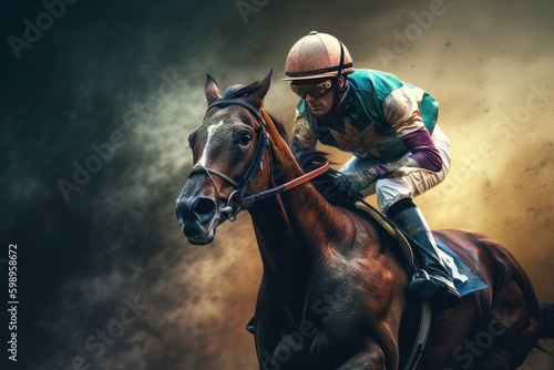 Horse jockey riding on gallop on colourful background. Illustration style, Generative Ai