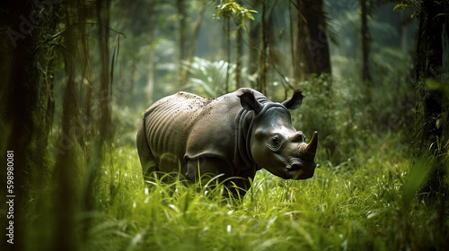 Beautiful One Horned Rhinoceros. Close up photo. Amazing portrait of an awesome rhino. Generative AI