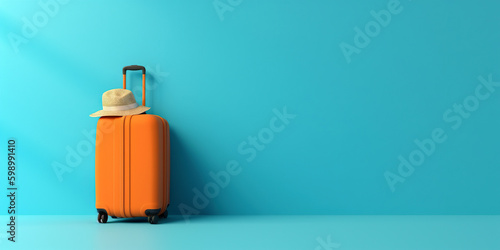Travel banner. Vacation, holiday, travel concept generative ai background. Traveller suitcase minimalistic background with copy space