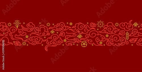 Asia Clouds Signs Thin Line Pattern on a Red Chinese Style. Vector illustration of Oriental Decoration for Web and App Design