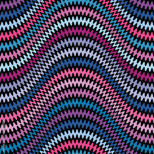 Wavy multicolored zigzag lines with a zig-zag. Pink, blue, and violet horizontal stripes on a black background. Seamless geometric striped pattern. Vector illustration.