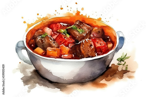Watercolor Drawing Goulash On White Background. Generative AI