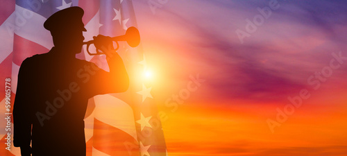 Silhouette military bugler on the background of the American flag. USA holidays. 3d illustration.