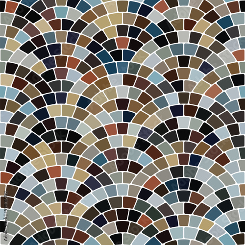 Geometric mosaic with small multicolored square tiles arranged on arches on a white background. Traditional porphyry design floor. Cobblestone style. Seamless vector illustration. 