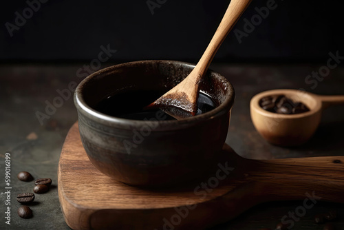 Wooden Spoon Stirring Cup Of Coffee. Generative AI