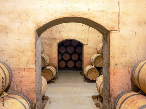 Antigua bodega con barriles de vino de La Rioja