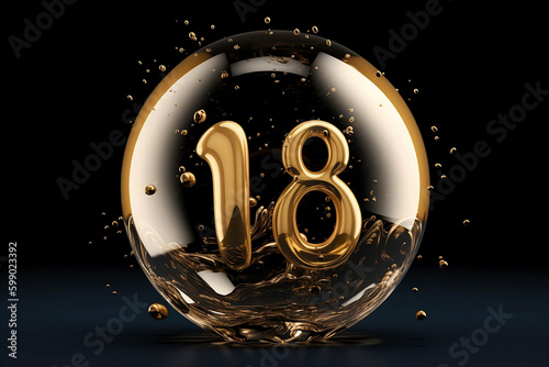 Gold Number 18 in a Clear Ice Bubble with a black background created with Generative AI Technology