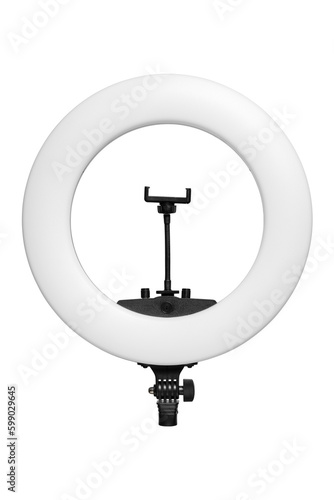 Closeup of circular neon LED lamp isolated white background. Pop