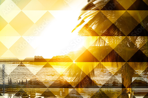 Diseño abstracto de verano y vacaciones. Cielo de puesta de sol y palmeras, fondo geometrico panorámico de verano.