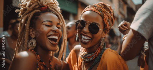 Beautiful young afro girls having fun in a caribbean small town. Image Generative AI.