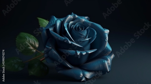 Beautiful blue rose with water drops on petals on black background.generative ai