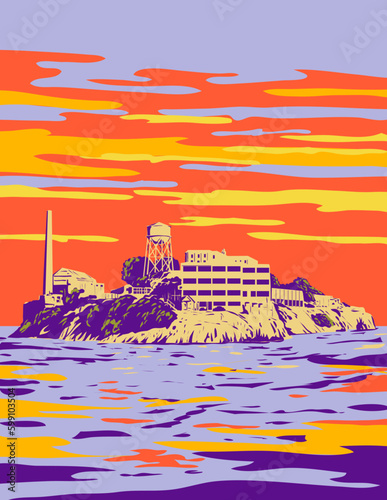 WPA poster art of Alcatraz Island with a lighthouse, military fortification and federal prison located in San Francisco, California USA done in works project administration or Art Deco style.