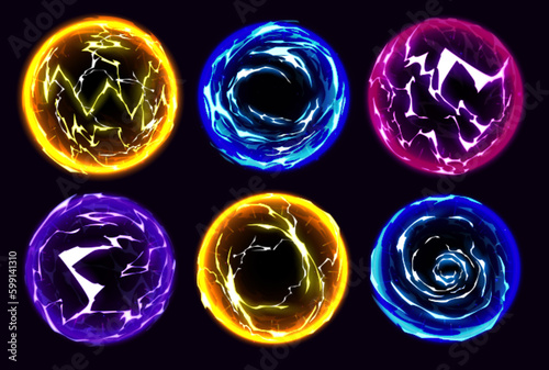 Cartoon electric lightning glow ball neon set. Magic energy sphere isolated on black background. Abstract spark element in blue, violet, yellow and pink color. Thunderbolt circle portal illustration