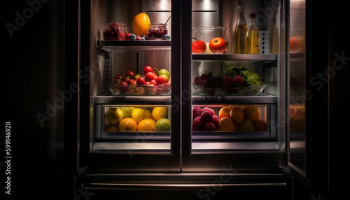 Fresh fruits and veggies on modern kitchen shelf generated by AI