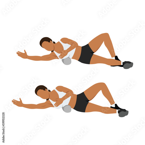Woman doing foam roller lat stretch exercise. Flat vector illustration isolated on white background