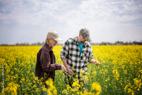 Young adult caucasian couple of farmers standing in a spring flowering canola field checking the quality of seedlings
