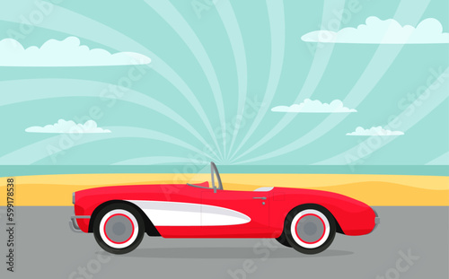 Summer retro poster with red corvette classic car, sunset. Vector