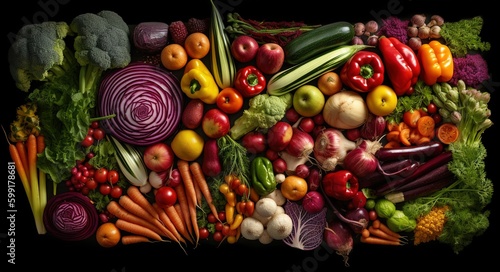 full frame of fresh organic vegetables and fruits, top view