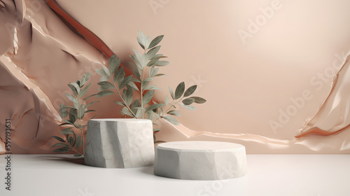 Stone podium for product presentation with green plants. Generative AI 