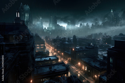 Concept art illustration of Gotham city at night, dystopian gotham city, hyperrealistic, cinematic lighting, Generative AI