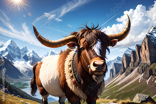Illustration of domestic yak in Himalaya, Tibet.