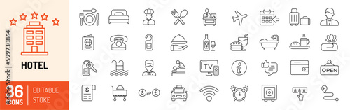 Hotel line icons set. Booking, reservation, room, airport, accommodation and many more... Vector illustration.