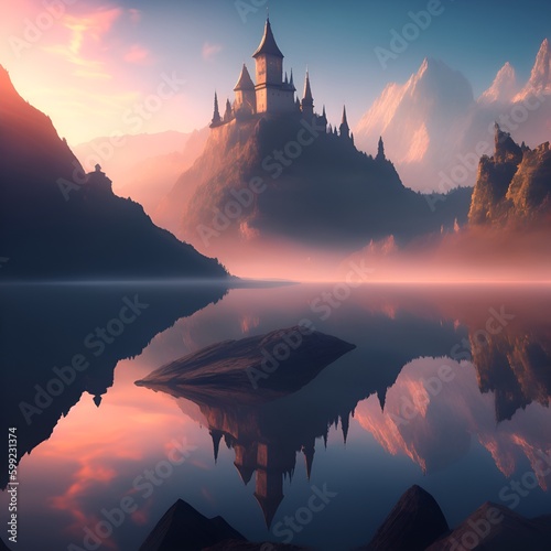 Landscape with water reflection of a castle in the mountains