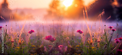 Summer flower meadow wildflower field pink with morning sunlight, Idyllic spring background with blossoming lilac bushes flowers and pink wildflowers on meadow. Pink morning clouds on blue sky over 