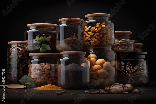 A large number of aesthetic transparent jars with various seasonings and spices on a wooden table with a black background