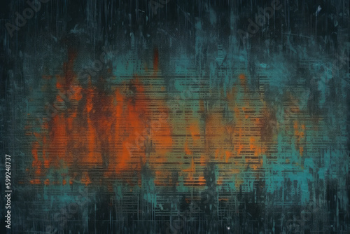 Distressed screen. Old film. Glitch texture. Blue orange color noise dust scratches dirt stains on dark grunge abstract illustration background