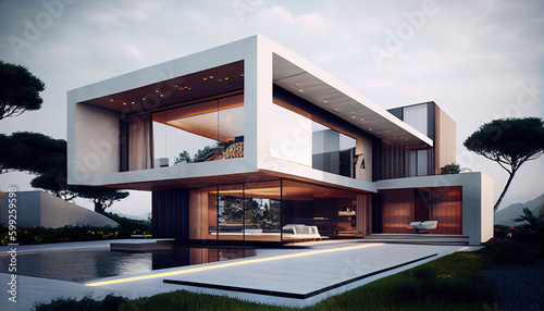 3D Rendering of Modern Villa Contemporary Luxury Living Villa AI Generative