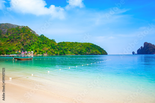 Beautiful landscape of the Indian Ocean coast with a sandy beach on the Phi Phi island, Thailand