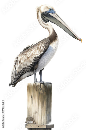 a Pelican, resting on a post/pier, in wildlife-themed, photorealistic illustrations on a transparent background cutout in PNG. Generative ai