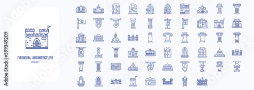 A collection sheet of outline icons for Medieval architecture, including icons like Castle, Corinthian pillar, Fort, Palace and more