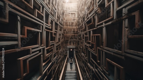 A long narrow room filled with lots of wooden boxes. AI generative image. Surreal picture, bad dream or nightmare telling about problems. Generative AI