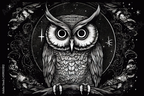 Wild owl with mystic design elements. Occult wise bird black and white symbol in vintage style. Generated AI