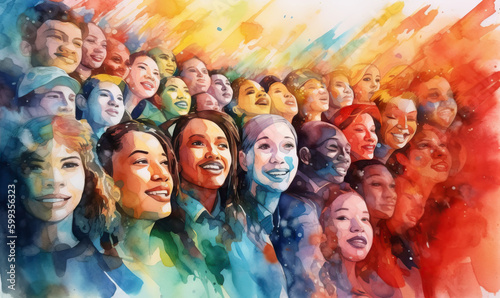 Watercolor Diversity, All Faces Matter. Embracing Diversity and Inclusion through a Vibrant Watercolor Painting of Humanity. Generative Ai