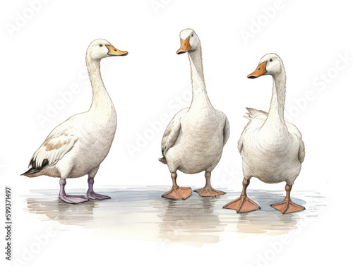Group of three geese in an illustrative waterolor style, generative ai