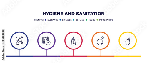 set of hygiene and sanitation thin line icons. hygiene and sanitation outline icons with infographic template. linear icons such as bubbles, appointment book, hair tonic, bubble, l aspirator vector.