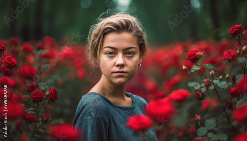 junge Frau in einem Blumenfeld mit roten Rosen, generative AI