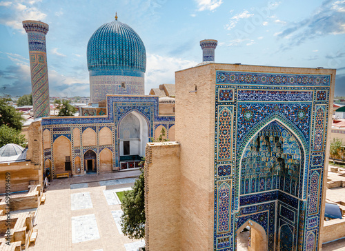 Samarkand, Uzbekistan aerial view of Gur-e-Amir - a mausoleum of the Asian conqueror Timur (also known as Tamerlane). Famous travel destination in Uzbekistan