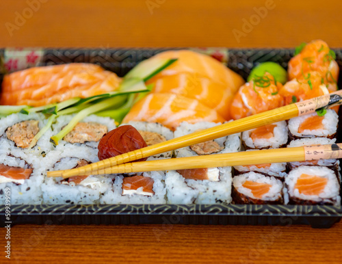 Traditional salmon sushi, typical Japanese food.
